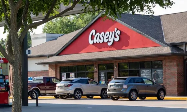 صورة لمحطة وقود تحمل لافتات Casey's General Stores وParker's Kitchen وYesway مع إبراز خطط التوسع والاستحواذ الأمريكية.