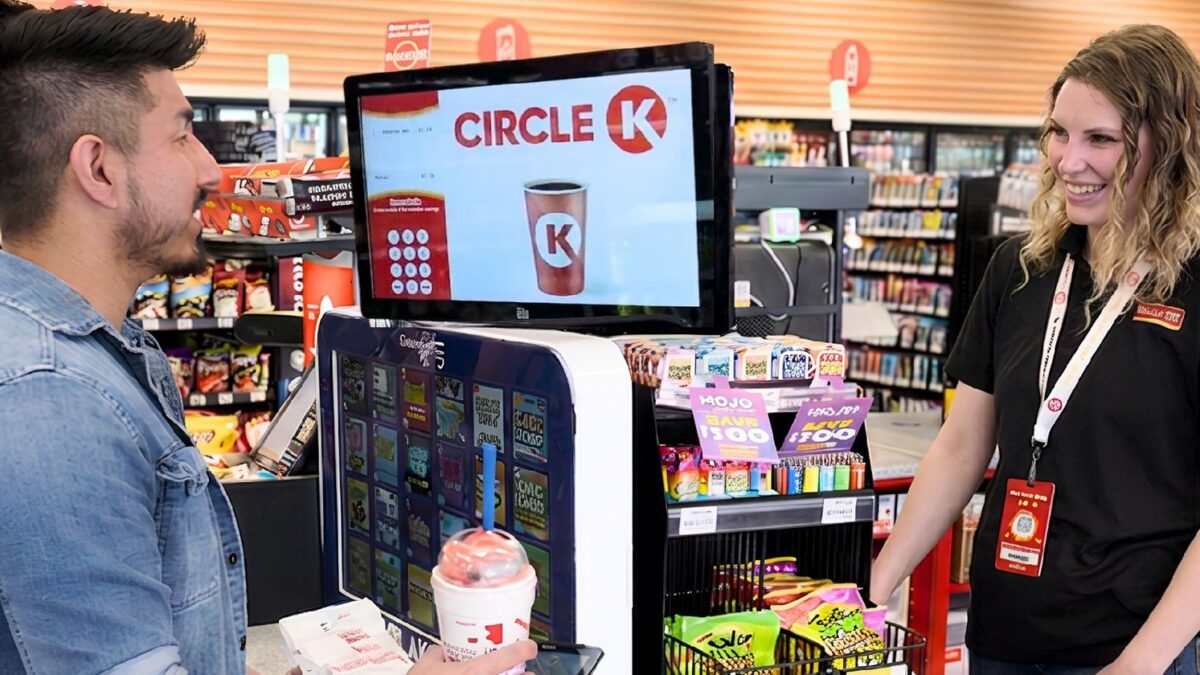 شعار Circle K بجوار مضخات وقود وعرض إعلاني رقمي يوضح ربط المحطات بالمتاجر وتطبيقات الولاء ضمن شبكة Full Circle Media.