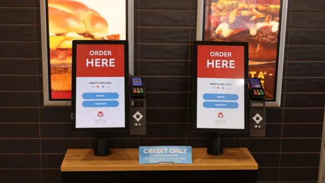 صورة لكشك طلب ذاتي داخل محطة بايلوت ترافل سنترز مع شعارات Wendy's وSubway وArby's عند استراحة طريق سريع